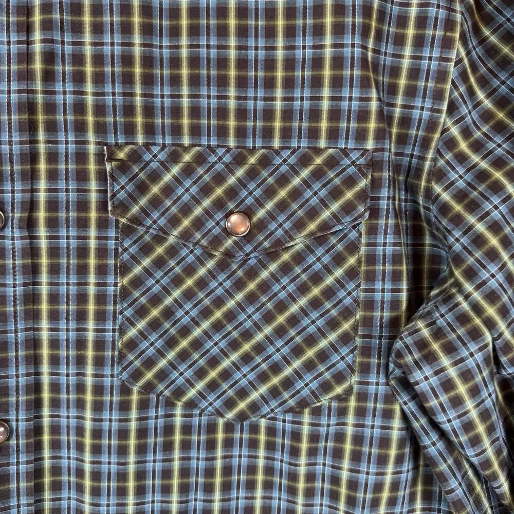 BANANA REPUBLIC‎ Shirt Slim Mens Size Medium Western Pearl Snap Green Blue Rodeo